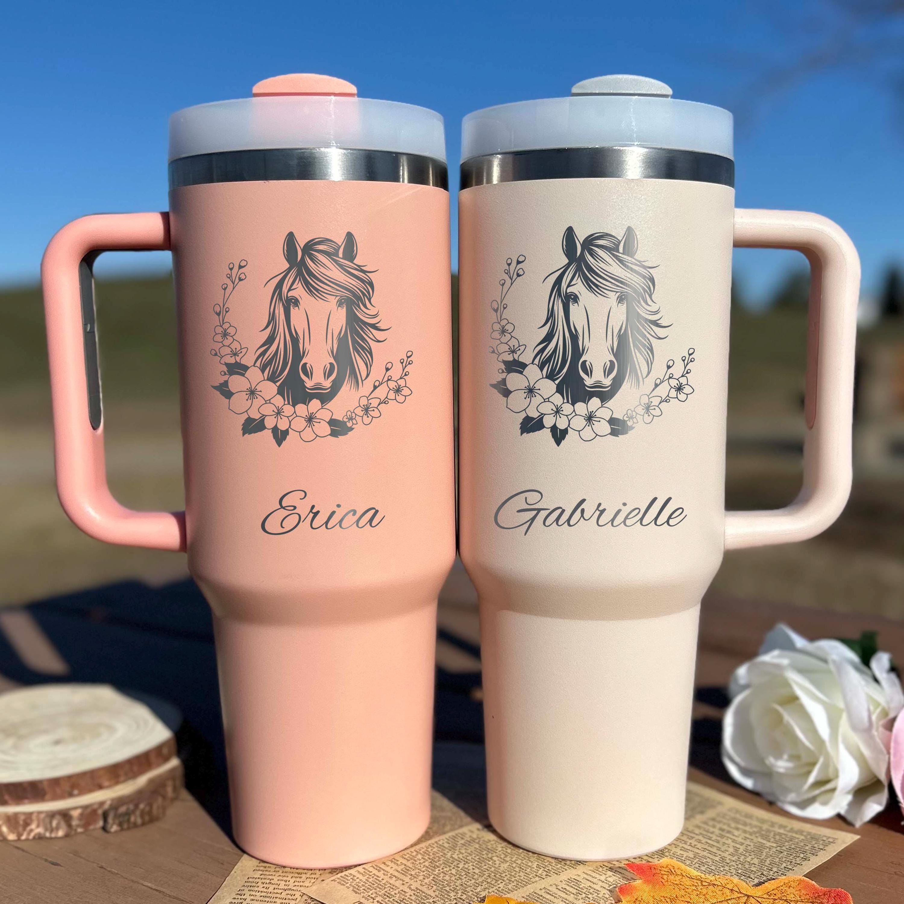 Floral Horse 40oz Engraved Tumbler – Stainless Steel, Horse Design #7