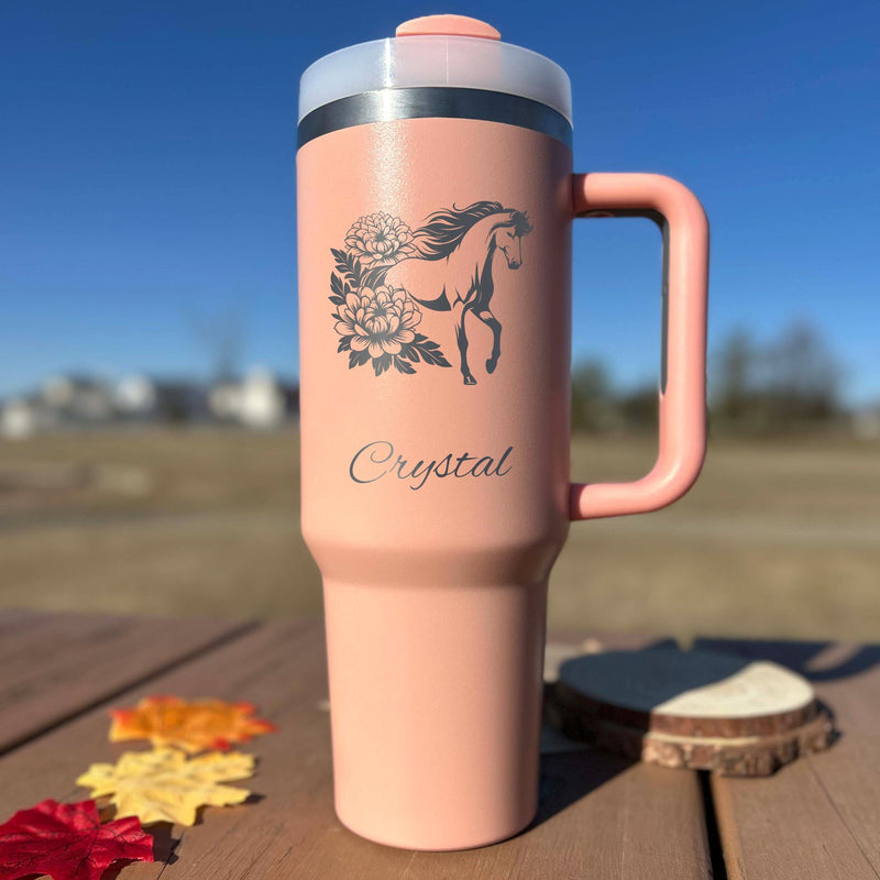 Floral Horse 40oz Engraved Tumbler – Stainless Steel, Horse Design #6