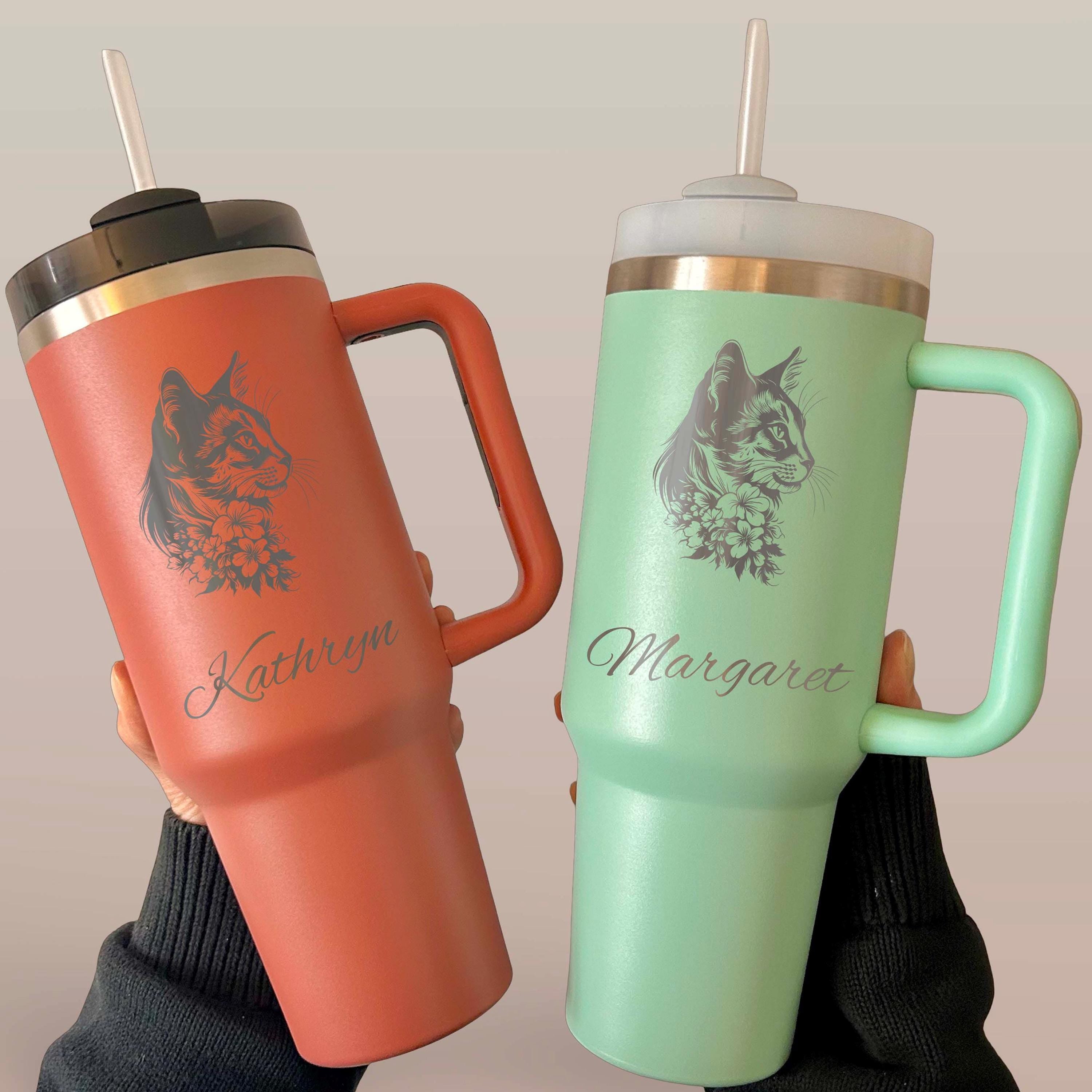 Floral Cat 40oz Engraved Tumbler – Stainless Steel