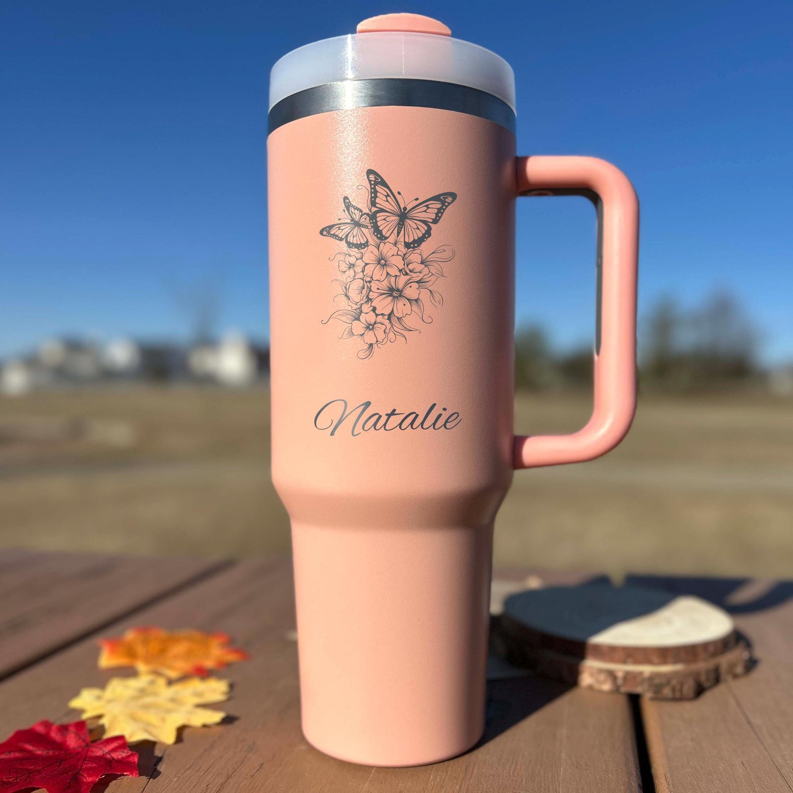 Butterfly 40oz Engraved Tumbler – Stainless Steel, Butterfly Design #1