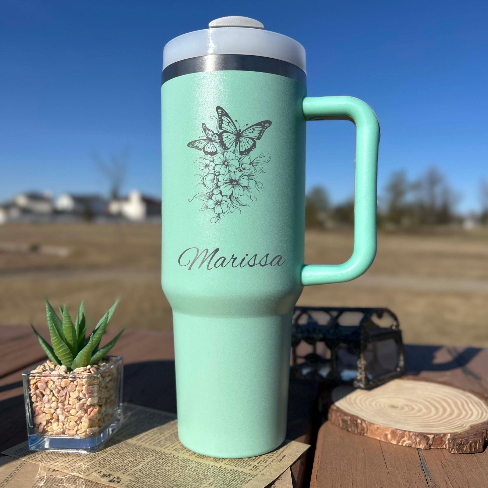 Butterfly 40oz Engraved Tumbler – Stainless Steel, Butterfly Design #1