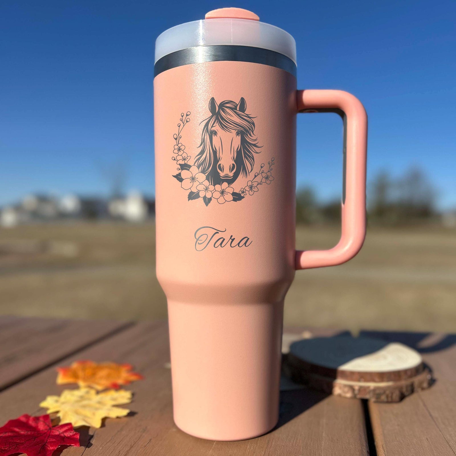 Floral Horse 40oz Engraved Tumbler – Stainless Steel, Horse Design #7