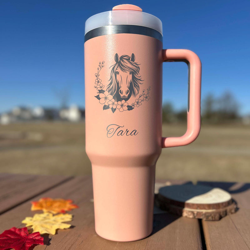Floral Horse 40oz Engraved Tumbler – Stainless Steel, Horse Design #7