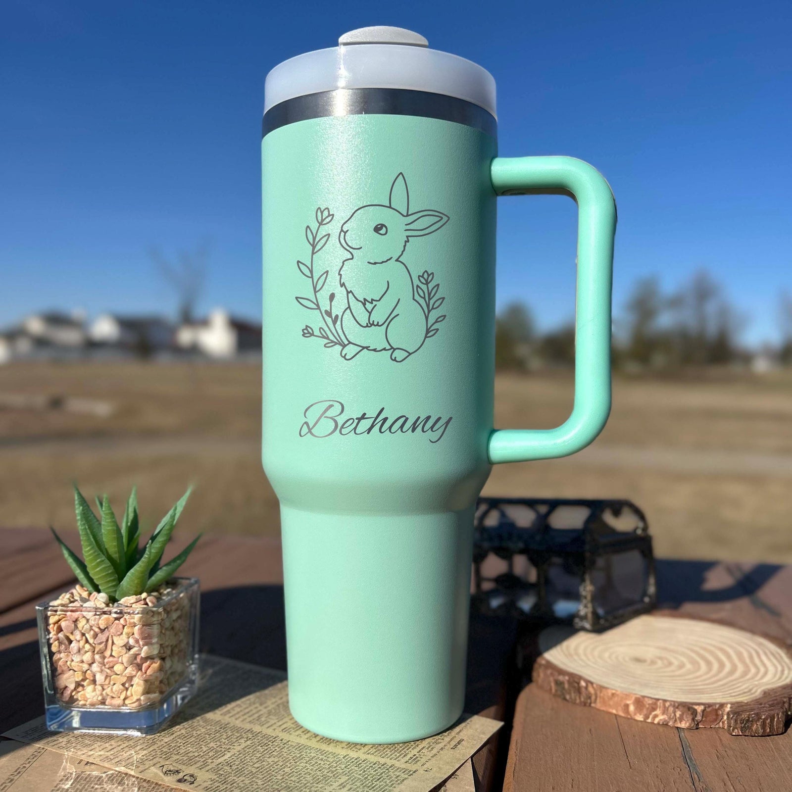 Cute Bunny 40oz Engraved Tumbler – Stainless Steel, Bunny Design #3