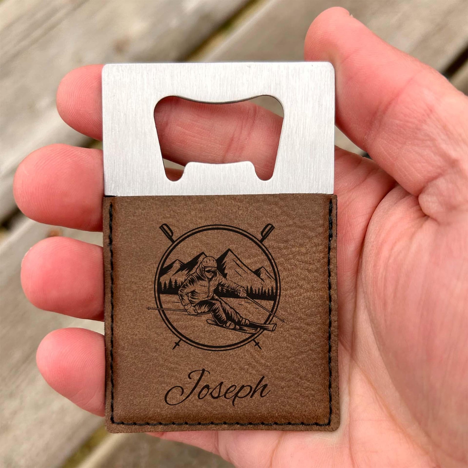 Skiing Large Bottle Opener – Stainless Steel, Skiing Design #1