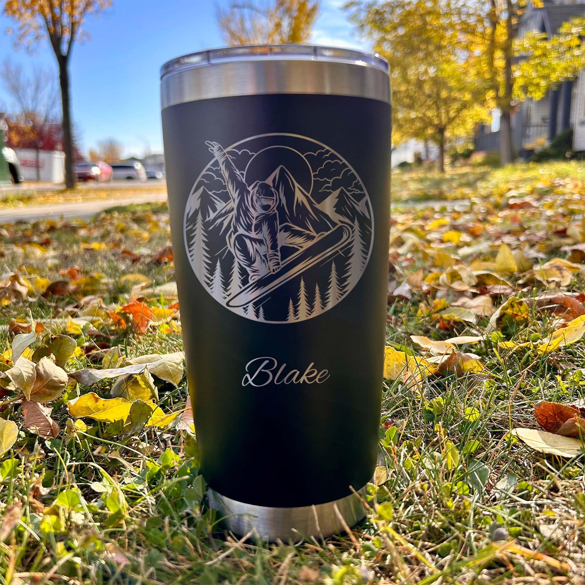 Snowboard 20oz Engraved Tumbler – Stainless Steel, Skiing Design #3