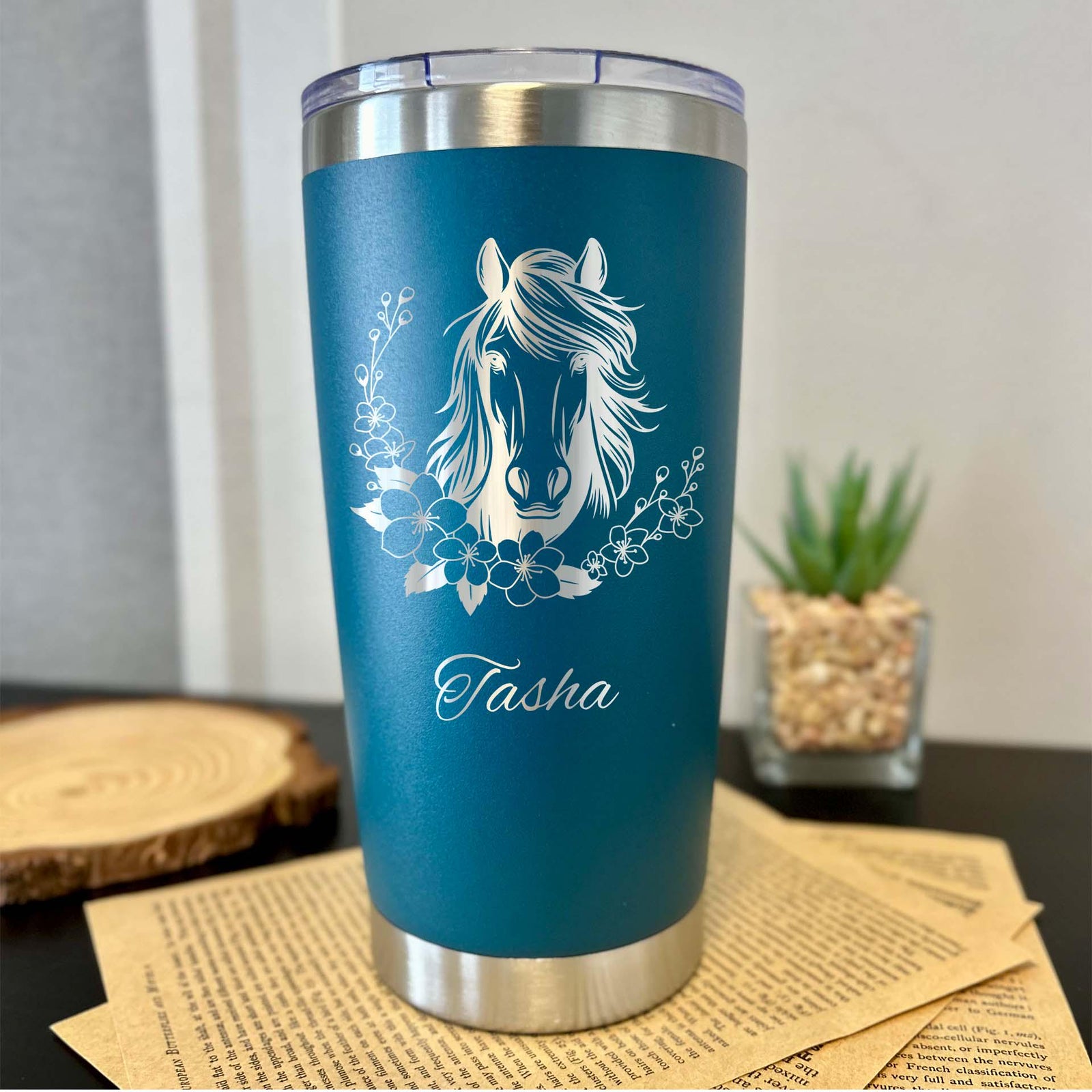 Floral Horse 20oz Engraved Tumbler – Stainless Steel, Horse Design #7