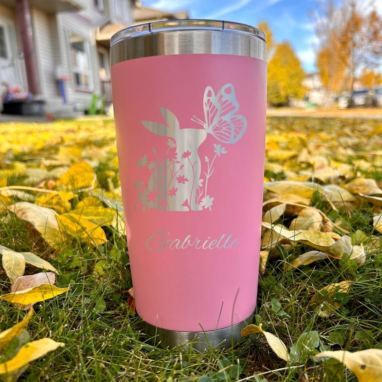Floral Bunny 20oz Engraved Tumbler – Stainless Steel, Bunny Design #2