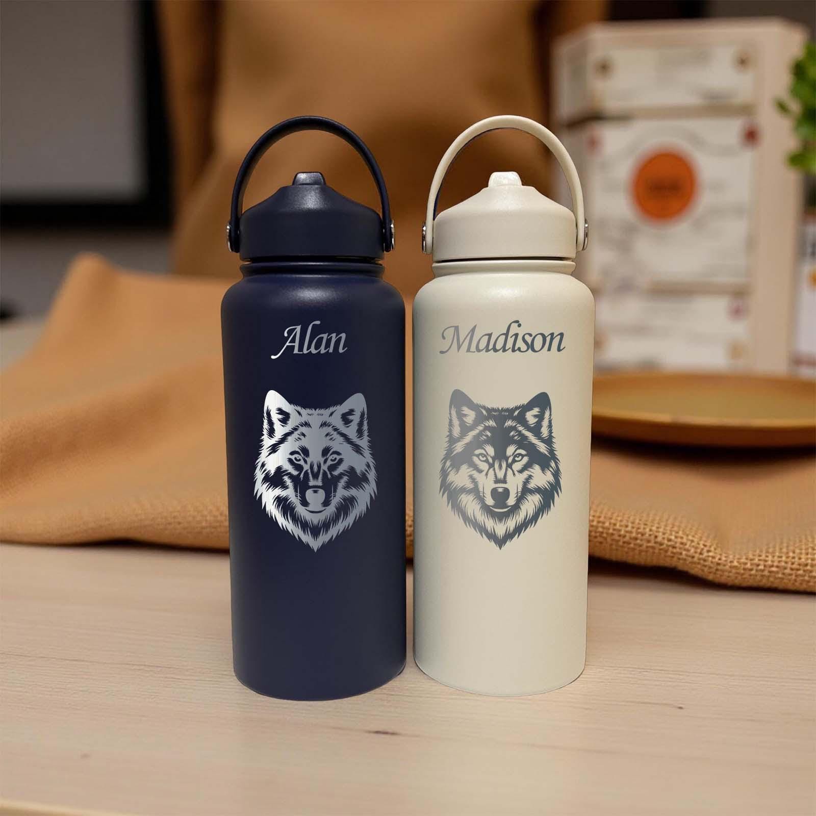 Wolf 32oz Water Bottle – Stainless Steel, Wolf Design #1
