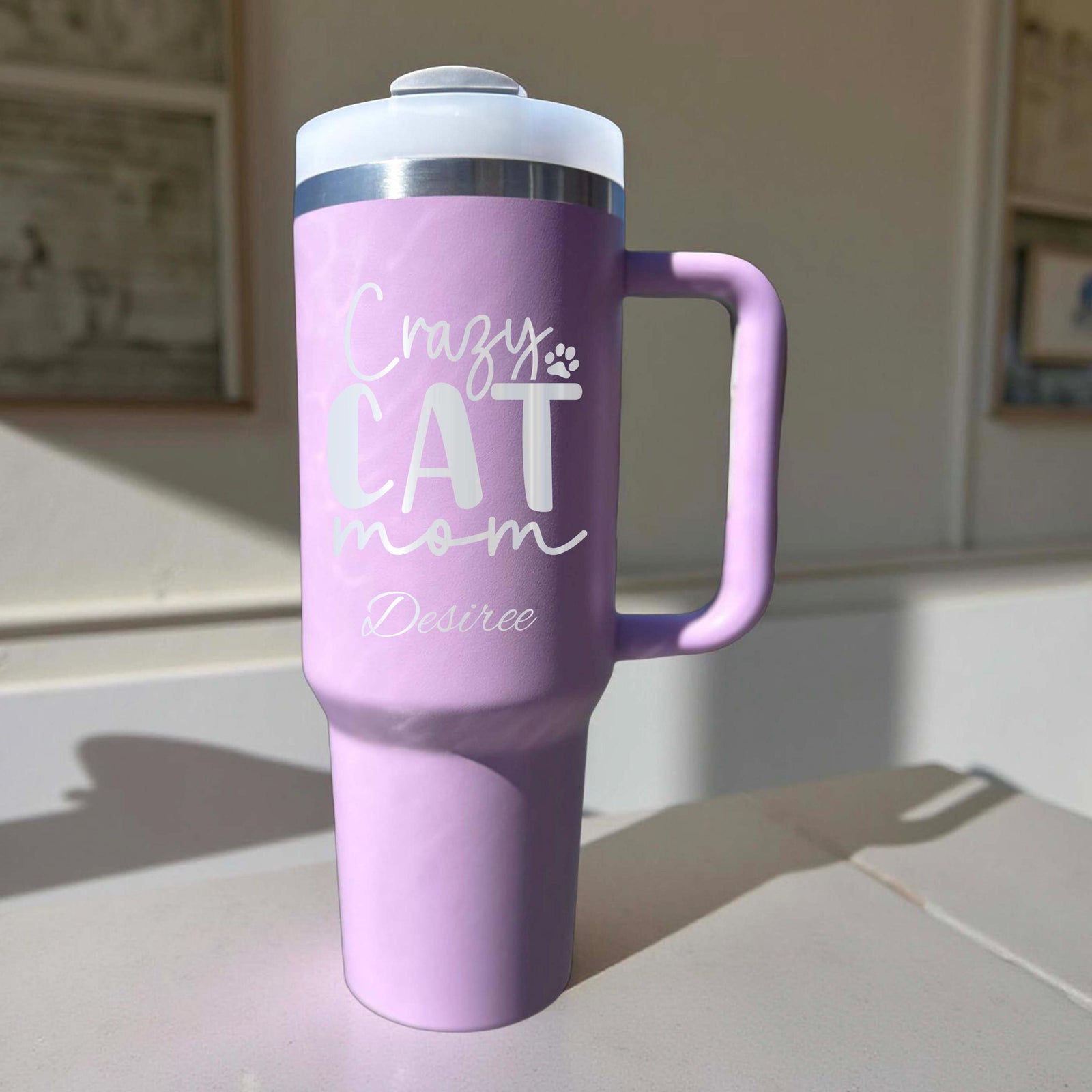 Cat Mom 40oz Engraved Tumbler – Stainless Steel, Saying #76