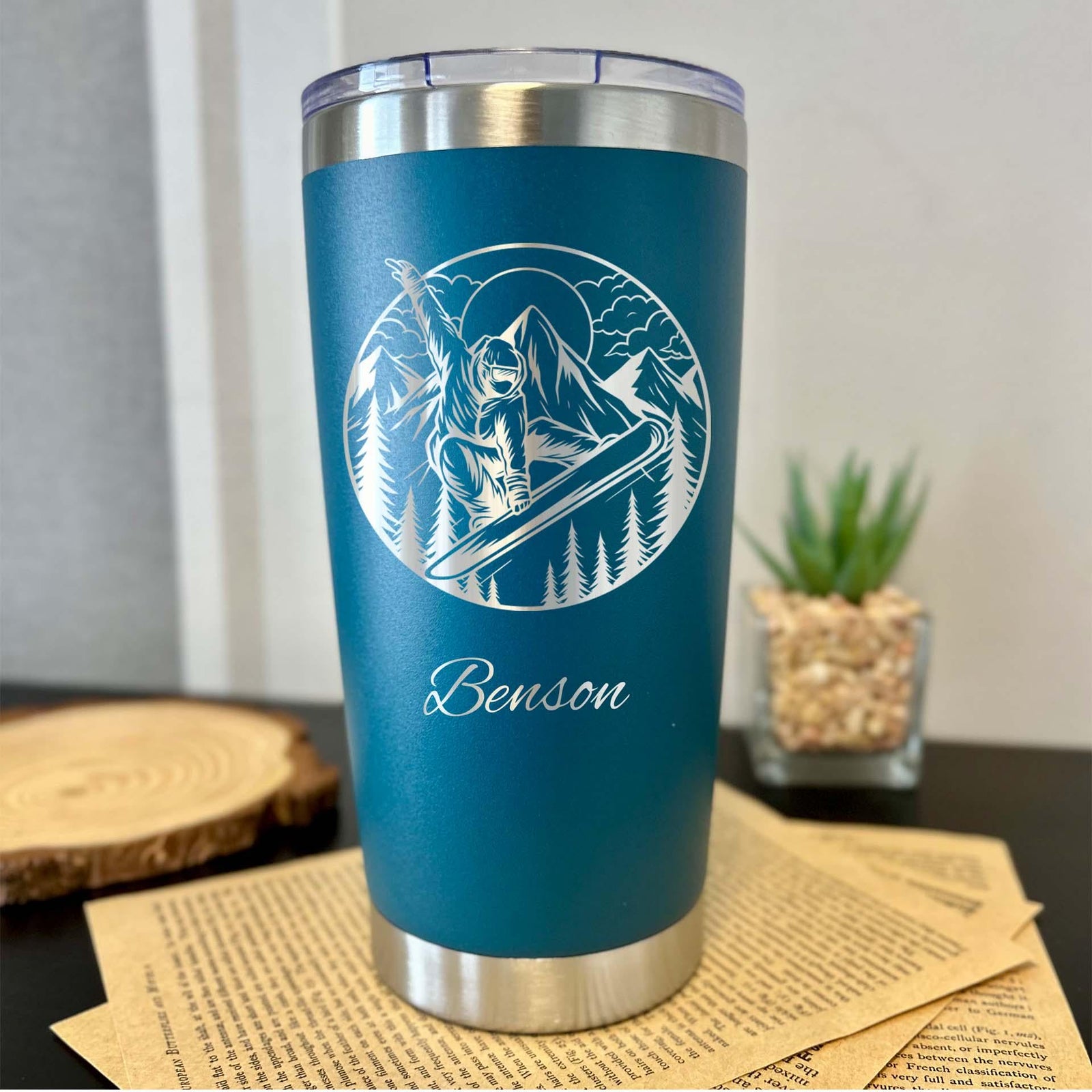 Snowboard 20oz Engraved Tumbler – Stainless Steel, Skiing Design #3