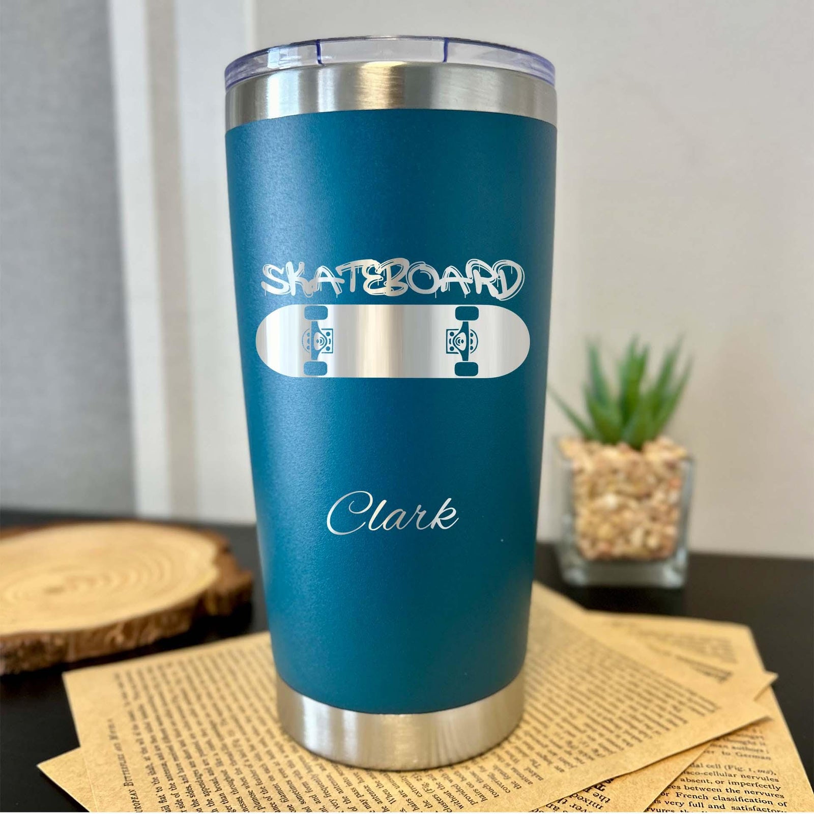 Skateboard 20oz Engraved Tumbler – Stainless Steel, Skate Design #2