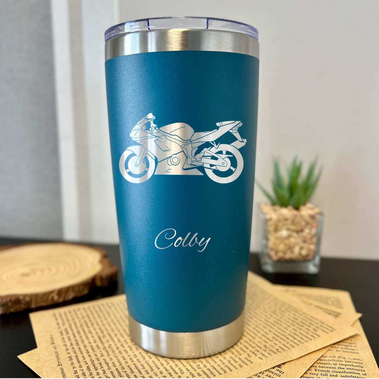 Motorcycle 20oz Engraved Tumbler – Stainless Steel, Motorcycle Design #2