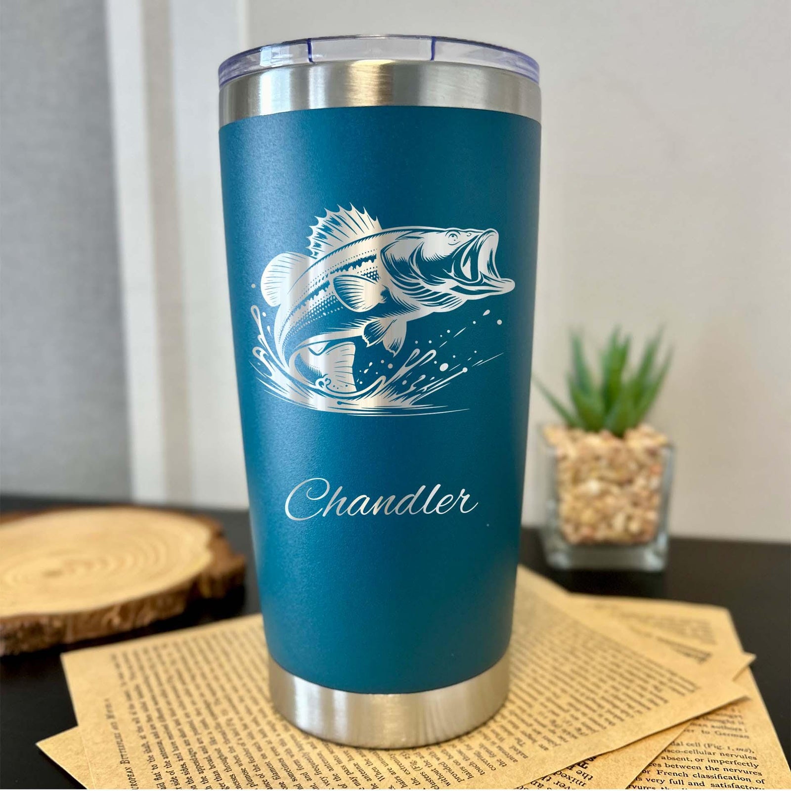 Bass 20oz Engraved Tumbler – Stainless Steel, Fishing Design #3