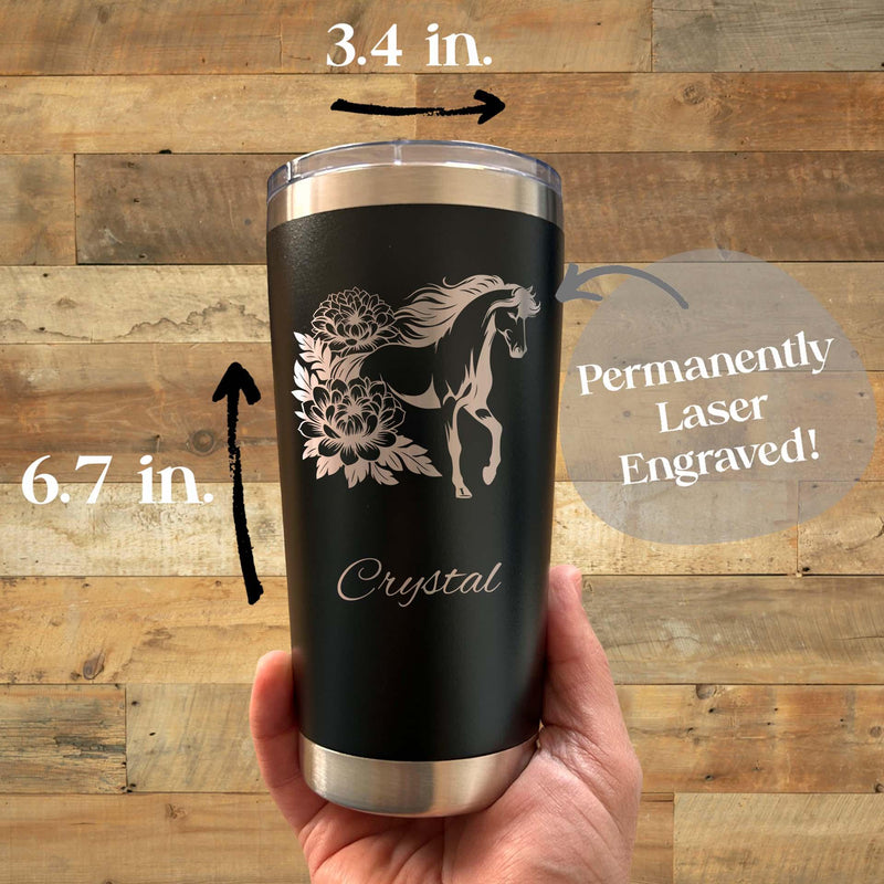 Horse & Roses 20oz Engraved Tumbler – Stainless Steel, Horse Design #6