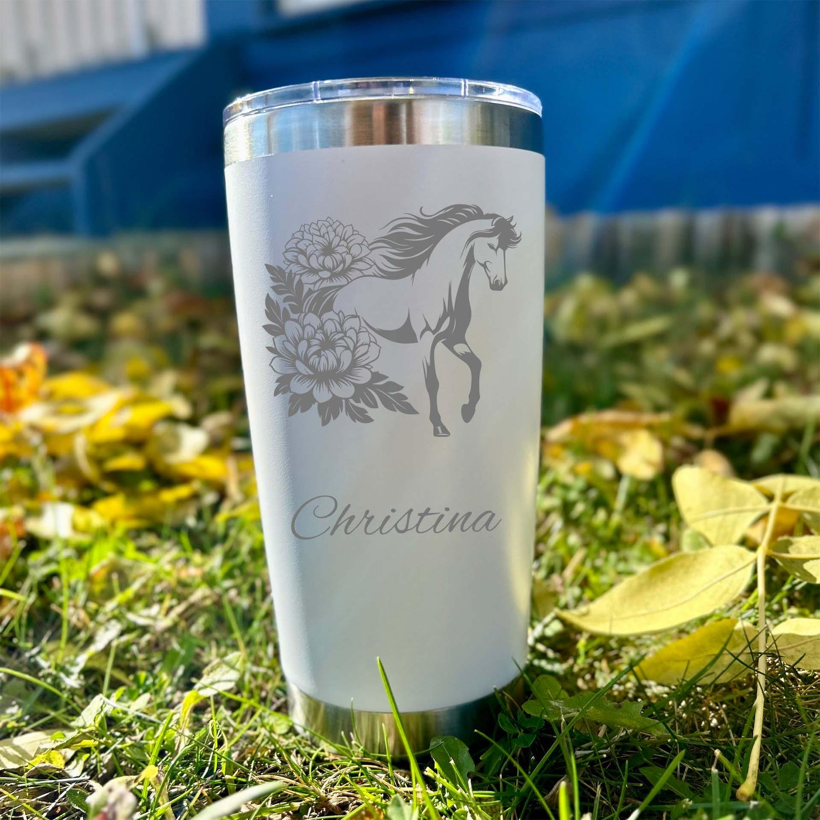 Horse & Roses 20oz Engraved Tumbler – Stainless Steel, Horse Design #6