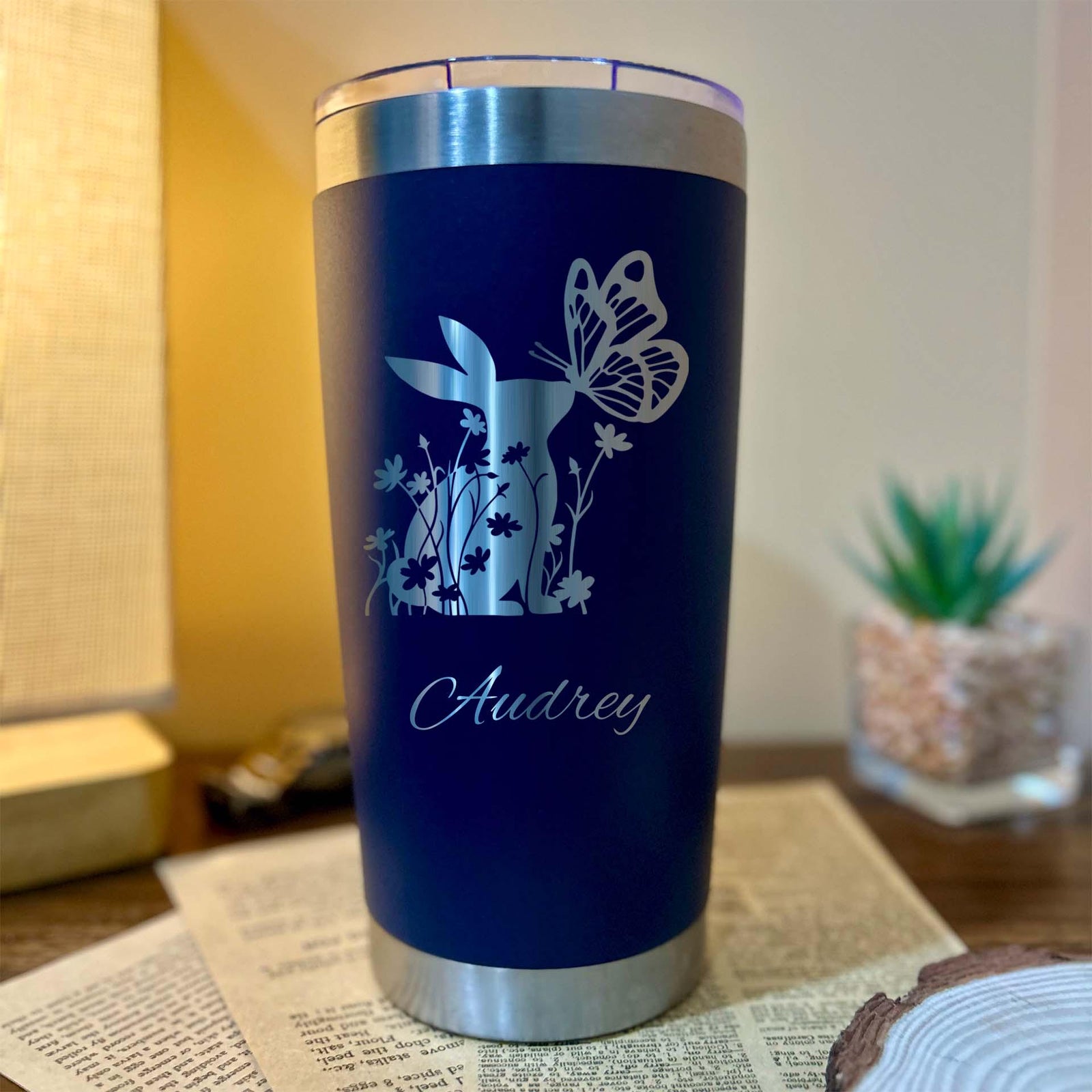 Floral Bunny 20oz Engraved Tumbler – Stainless Steel, Bunny Design #2