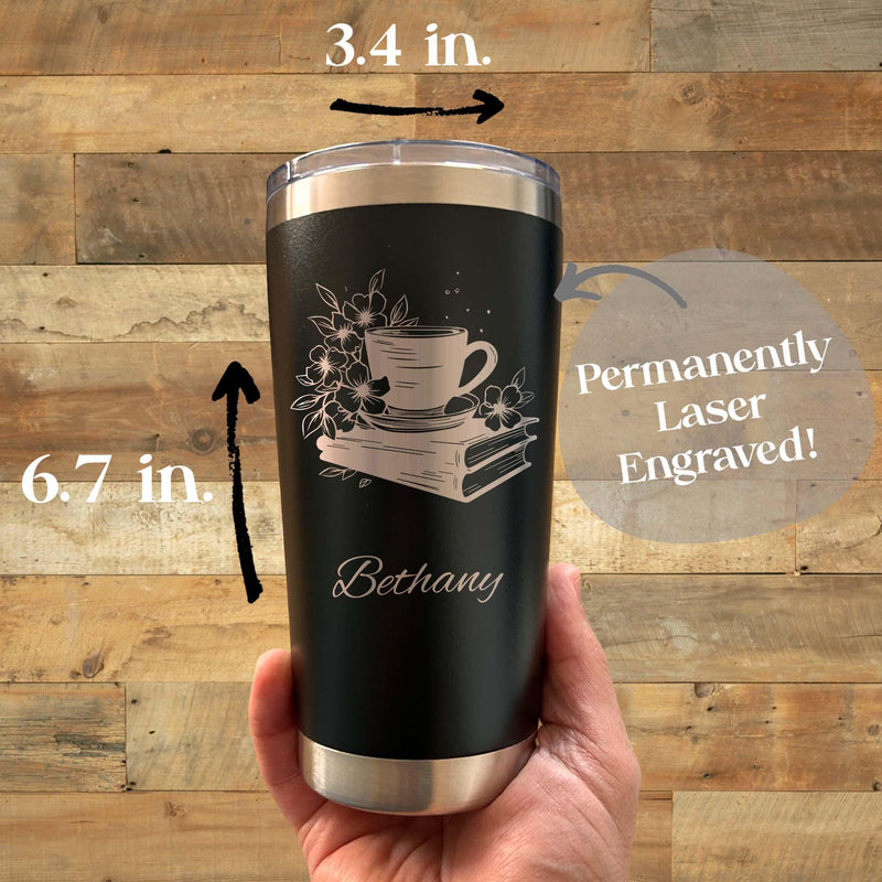 Book Lover 20oz Engraved Tumbler – Stainless Steel, Book Design #1