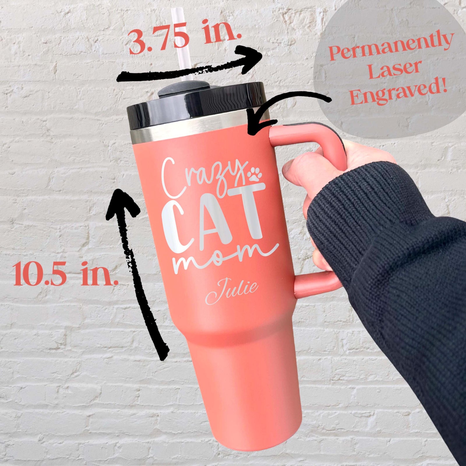 Cat Mom 40oz Engraved Tumbler – Stainless Steel, Saying #76